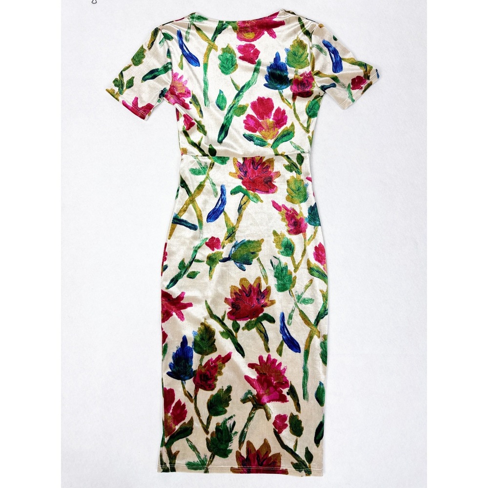 ZARA Trafaluc Floral Velvet Midi Dress Cream Pink Green Blue Short Sleeve - Picture 2 of 7